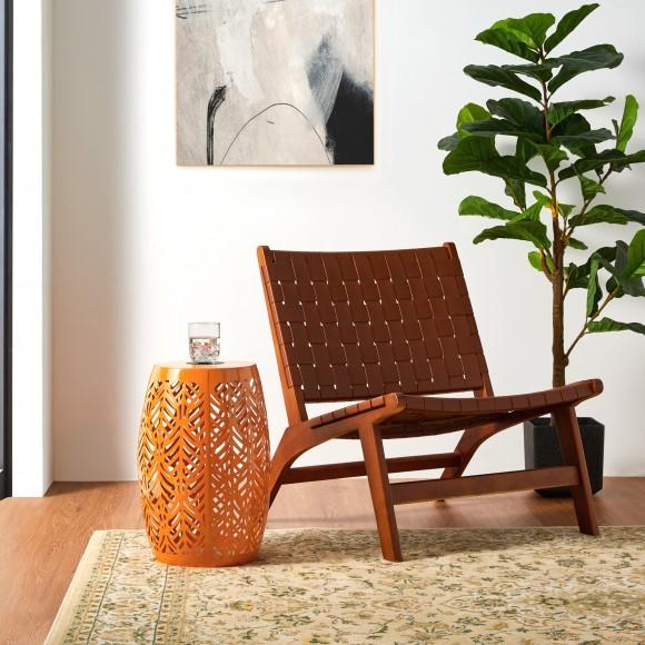 Glitzhome Glitzhome 18.25"H Multi-Functional Orange Iron Cutout Leaf Pattern Drum Silhouette Solar Powdered Garden Stools Or Planter Stand Or Accent Table Or Side Table