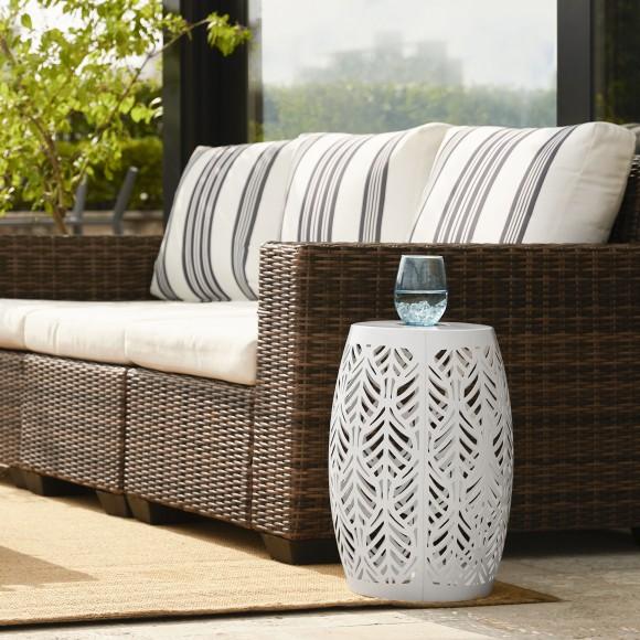 Glitzhome Glitzhome 18.25"H Multi-Functional White Iron Cutout Leaf Pattern Drum Silhouette Solar Powdered Garden Stool Or Planter Stand Or Accent Table Or Lantern
