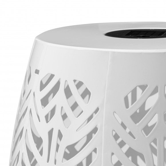 Glitzhome Glitzhome 18.25"H Multi-Functional White Iron Cutout Leaf Pattern Drum Silhouette Solar Powdered Garden Stool Or Planter Stand Or Accent Table Or Lantern