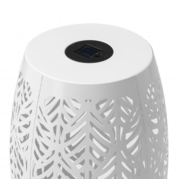 Glitzhome Glitzhome 18.25"H Multi-Functional White Iron Cutout Leaf Pattern Drum Silhouette Solar Powdered Garden Stool Or Planter Stand Or Accent Table Or Lantern
