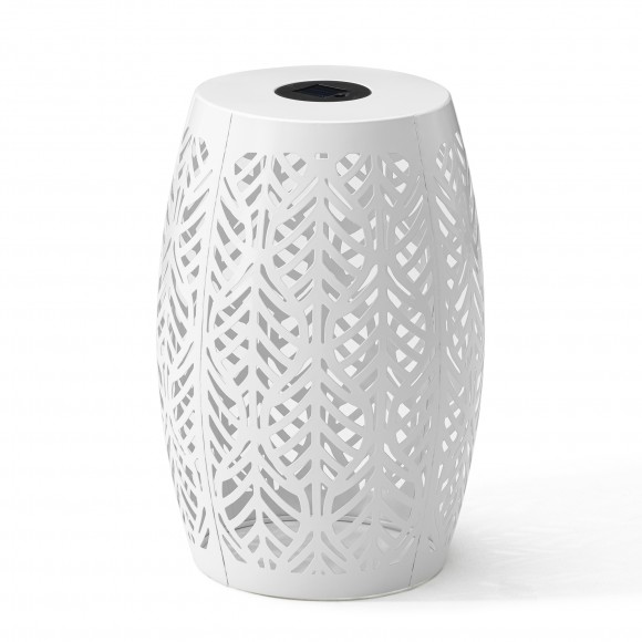 Glitzhome Glitzhome 18.25"H Multi-Functional White Iron Cutout Leaf Pattern Drum Silhouette Solar Powdered Garden Stool Or Planter Stand Or Accent Table Or Lantern