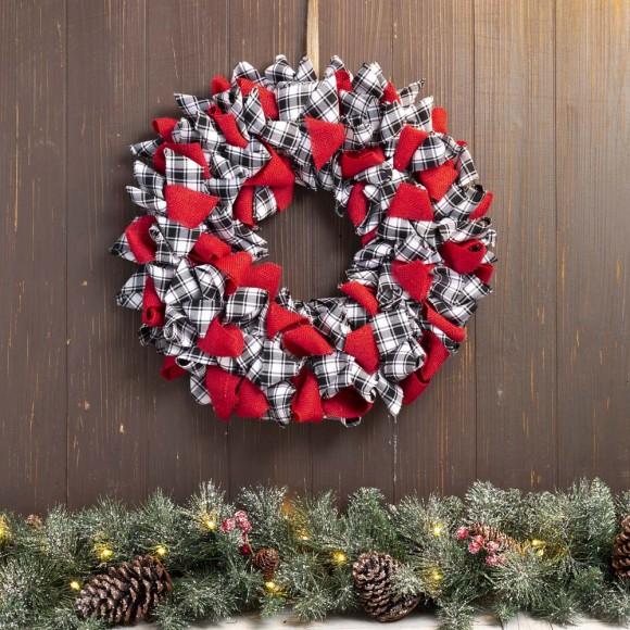 Glitzhome Glitzhome 18.5"D Christmas Black And White Plaid Fabric Wreath
