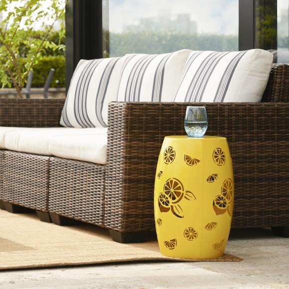 Glitzhome Glitzhome 18.5" Multi-Functional Yellow Iron Cutout Lemon Pattern Drum Silhouette Solar Powdered Garden Stool Or Planter Stand Or Accent Table Or Lantern