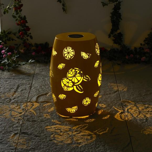 Glitzhome Glitzhome 18.5" Multi-Functional Yellow Iron Cutout Lemon Pattern Drum Silhouette Solar Powdered Garden Stool Or Planter Stand Or Accent Table Or Lantern