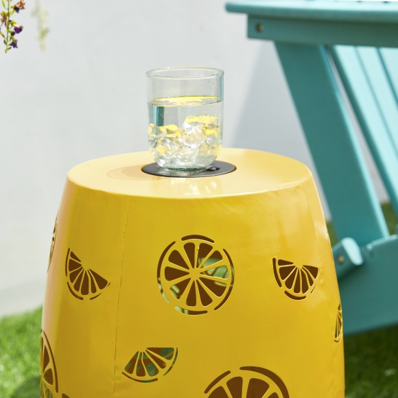 Glitzhome Glitzhome 18.5" Multi-Functional Yellow Iron Cutout Lemon Pattern Drum Silhouette Solar Powdered Garden Stool Or Planter Stand Or Accent Table Or Lantern