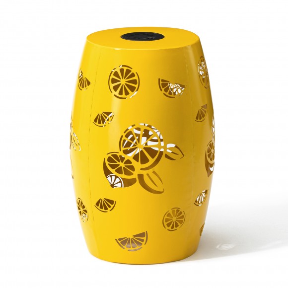glitzhome Glitzhome 18.5" Multi-Functional Yellow Iron Cutout Lemon Pattern Drum Silhouette Solar Powdered Garden Stool or Planter Stand or Accent Table or Lantern