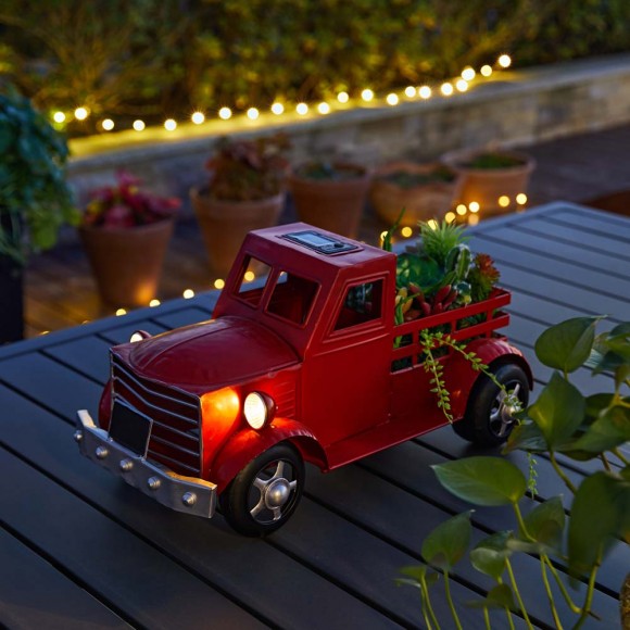 Glitzhome Glitzhome 18.50"L Solar Powered Red Metal Truck Planter Stand