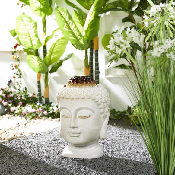 Glitzhome Glitzhome 18.75"H Zen-Style Buddha Head Sand Beige Textured Glaze Ceramic Outdoor Tabletop Or Floor Fountain With Pump(KD)