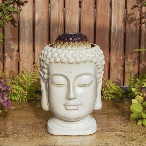 Glitzhome Glitzhome 18.75"H Zen-Style Buddha Head Sand Beige Textured Glaze Ceramic Outdoor Tabletop Or Floor Fountain With Pump(KD)