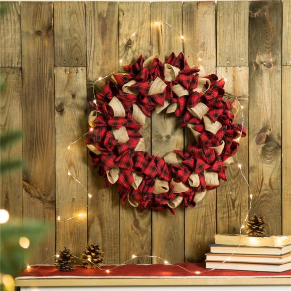Glitzhome Glitzhome 18.9"D Plaid Fabric Wreath Holiday Wall Or Door Decor