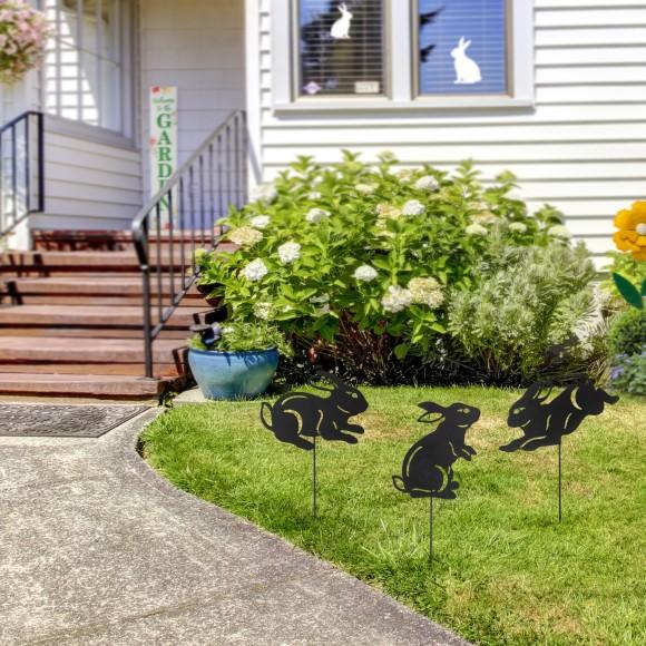 Glitzhome Glitzhome 18"H Multi-functional 2-in-1 Set Of 3 Black Metal Rabbit Silhouette Pick Wall Decor(KD)