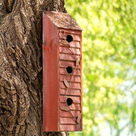 Glitzhome Glitzhome 18"H Oversized Retro Red Three-Tiered Distressed Solid Wood Window Shutters Birdhouse