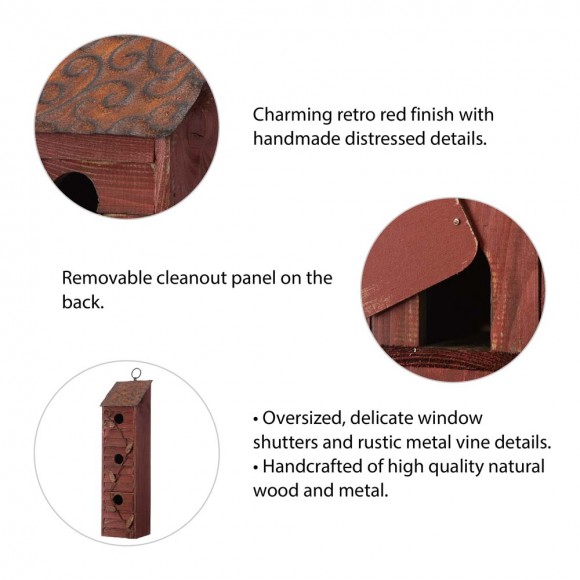 Glitzhome Glitzhome 18"H Oversized Retro Red Three-Tiered Distressed Solid Wood Window Shutters Birdhouse