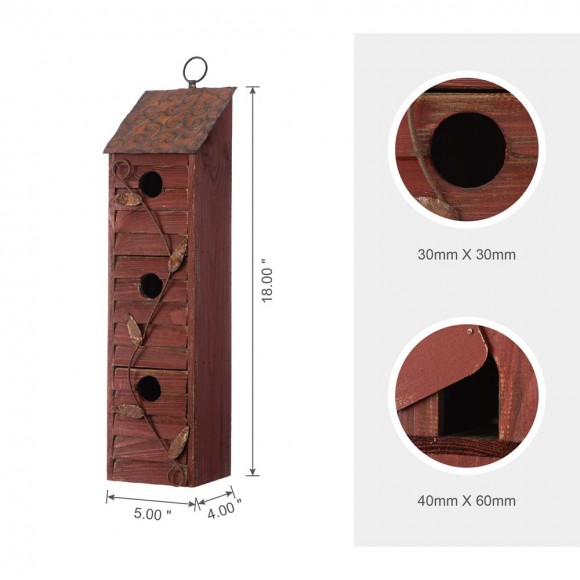 Glitzhome Glitzhome 18"H Oversized Retro Red Three-Tiered Distressed Solid Wood Window Shutters Birdhouse