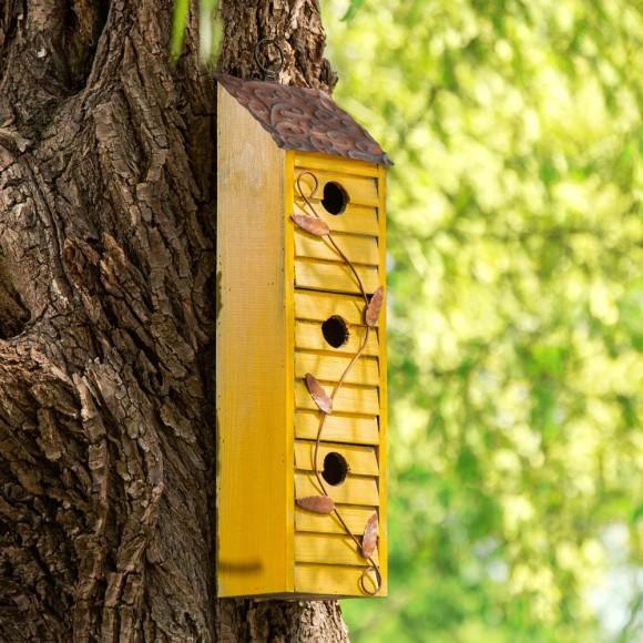 Glitzhome Glitzhome 18"H Oversized Retro Yellow Three-Tiered Distressed Solid Wood Window Shutters Birdhouse