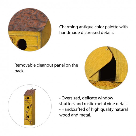 Glitzhome Glitzhome 18"H Oversized Retro Yellow Three-Tiered Distressed Solid Wood Window Shutters Birdhouse