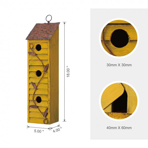 Glitzhome Glitzhome 18"H Oversized Retro Yellow Three-Tiered Distressed Solid Wood Window Shutters Birdhouse
