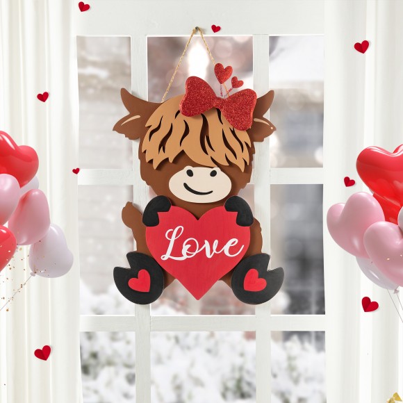 Glitzhome Glitzhome 18"H Valentine's Wooden Highland Cow With Heart Door Hanger