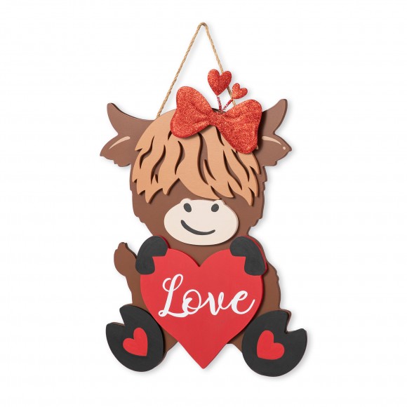 glitzhome Glitzhome 18"H Valentine's Wooden Highland Cow with Heart Door Hanger