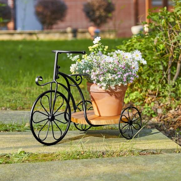 Glitzhome Glitzhome 18"L Black Metal Tricycle Planter Stand With Natural Solid Wood Tray
