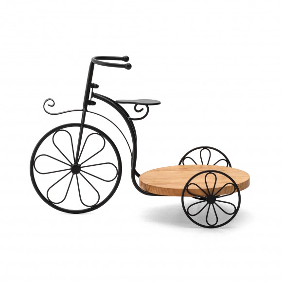 glitzhome Glitzhome 18"L Black Metal Tricycle Planter Stand with Natural Solid Wood Tray
