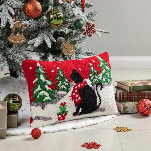 Glitzhome Glitzhome 18"L X 12"H Hooked Christmas Cat Pillow