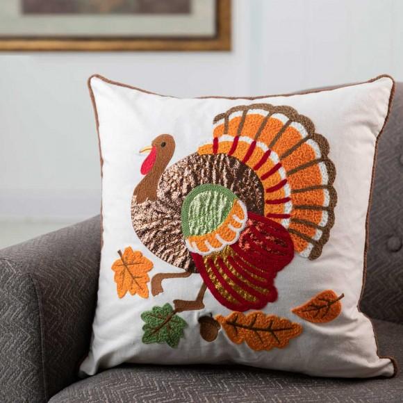 Glitzhome Glitzhome 18"L X 18"W Cotton Embroidered Turkey Pillow Cover