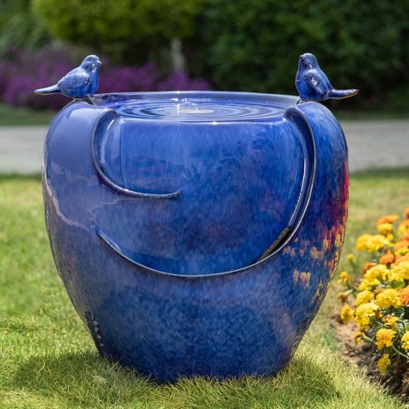 Glitzhome Glitzhome 19.5"H Cobalt Blue Two Birds Embossed Plant Pattern Ceramic Pot Fountain With Pump And LED Light