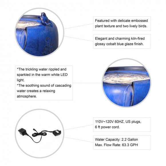Glitzhome Glitzhome 19.5"H Cobalt Blue Two Birds Embossed Plant Pattern Ceramic Pot Fountain With Pump And LED Light