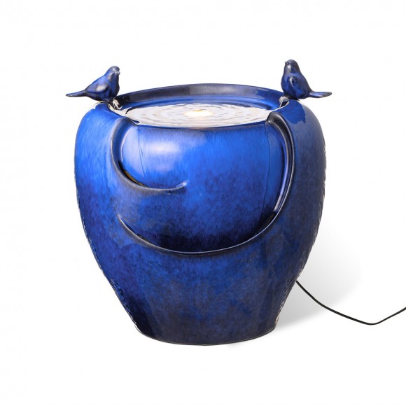 glitzhome Glitzhome 19.5"H Cobalt Blue Two Birds Embossed Plant Pattern Ceramic Pot Fountain with Pump and LED Light
