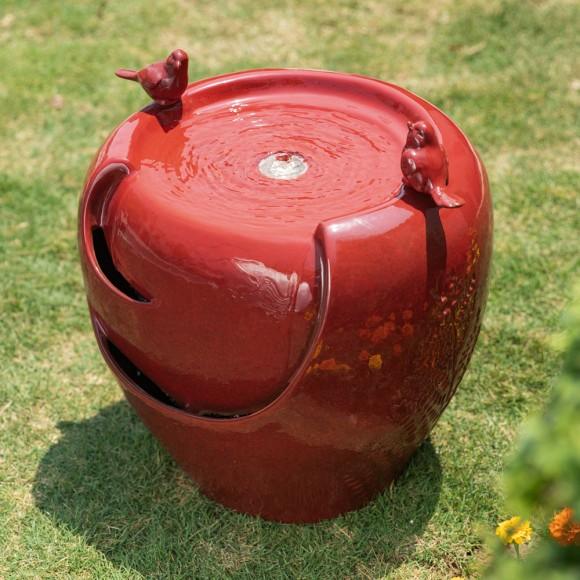 Glitzhome Glitzhome 19.5"H Red Two Birds Embossed Plant Pattern Ceramic Pot Fountain With Pump And LED Light