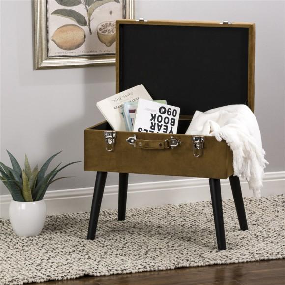 Glitzhome Glitzhome 19.70"L Glod Velvet Upholstered Storage Stool With Black Solid Rubberwood Legs