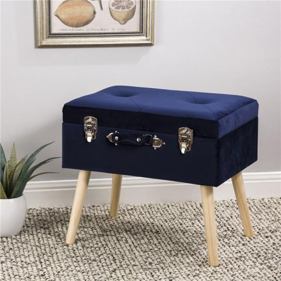 Glitzhome Glitzhome 19.70"L Navy Blue Velvet Upholstered Storage Stool With Natural Solid Rubberwood Legs