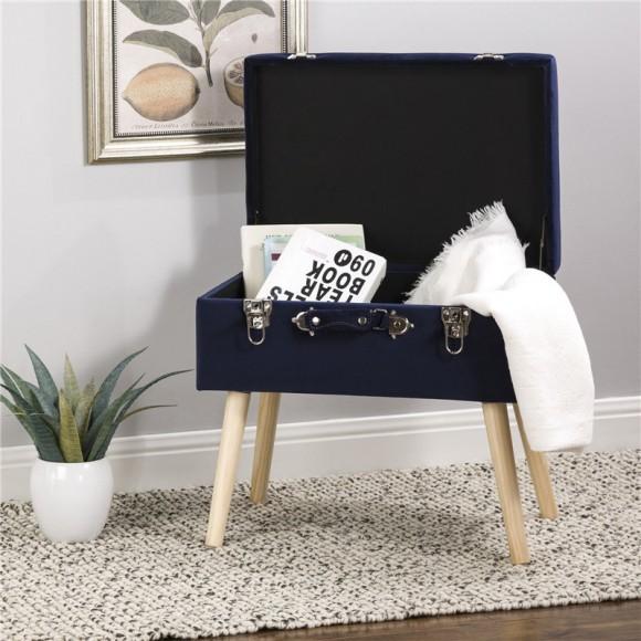 Glitzhome Glitzhome 19.70"L Navy Blue Velvet Upholstered Storage Stool With Natural Solid Rubberwood Legs