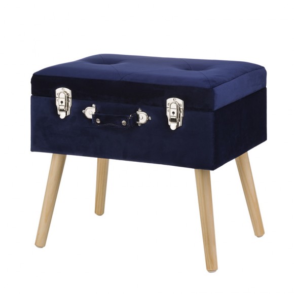 glitzhome Glitzhome 19.70"L Navy Blue Velvet Upholstered Storage Stool with Natural Solid Rubberwood Legs