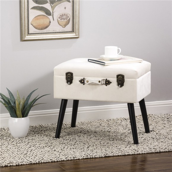 Glitzhome Glitzhome 19.70"L Seashell White Velvet Upholstered Storage Stool With Black Solid Rubberwood Legs
