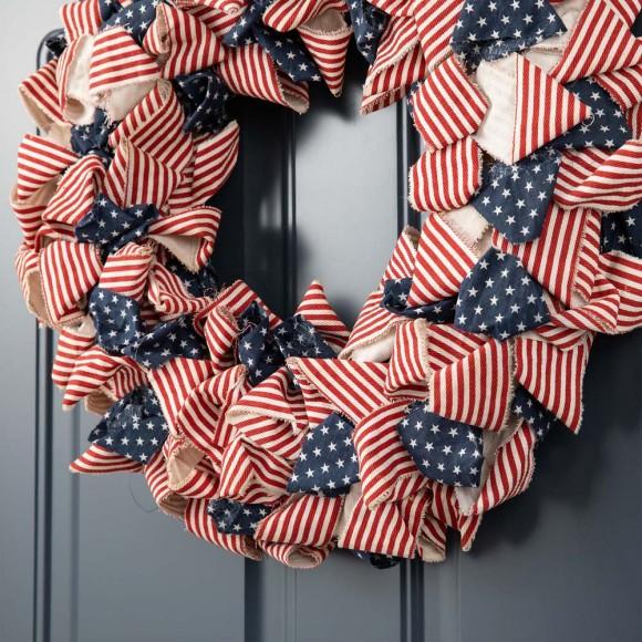 Glitzhome Glitzhome 19"D Fabric Patriotic Stripes And Stars Wreath