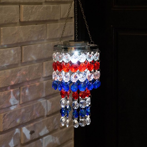 Glitzhome Glitzhome 19"H Solar Lighted Hanging Décor With Red White Blue Acrylic Jewel Beads