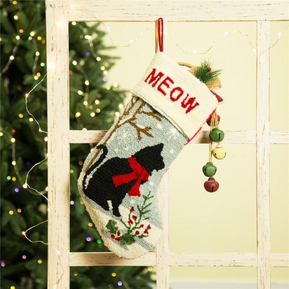 Glitzhome Glitzhome 19" Handmade Hooked Cat Christmas Stocking
