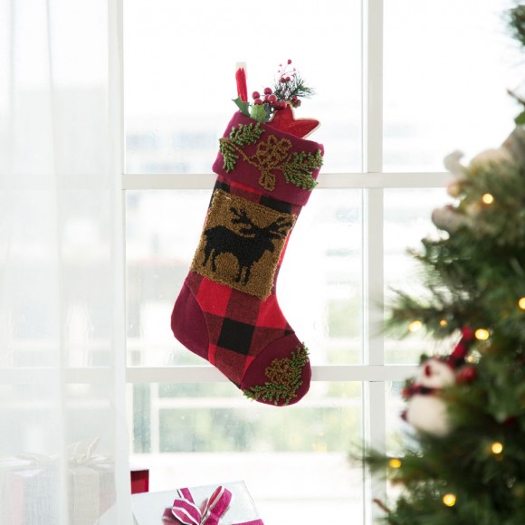 Glitzhome Glitzhome 19" Handmade Plaid Hooked Rug Reindeer Christmas Stocking