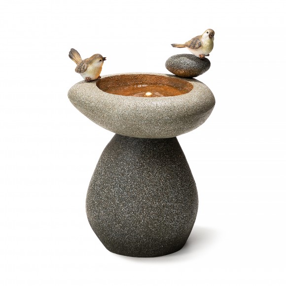 glitzhome Glitzhome 20.75"H Zen-Style Faux Stone Texture Birdbath Polyresin Outdoor Fountain with Birds Pump and LED Light (KD)