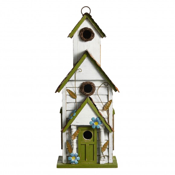 Glitzhome Glitzhome 20"H Oversized White And Green Distressed Solid Wood 3-Story Villa Decorative Outdoor Garden Birdhouse