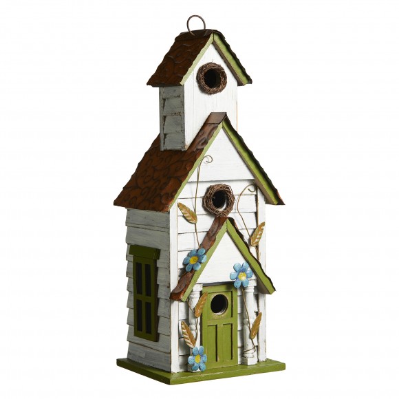 glitzhome Glitzhome 20"H Oversized White and Green Distressed Solid Wood 3-Story Villa Decorative Outdoor Garden Birdhouse
