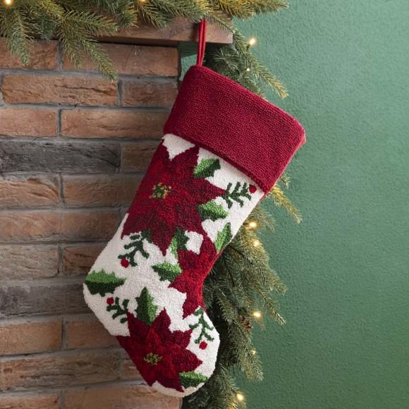 Glitzhome Glitzhome 21.00"L Poinsettia Hooked Stocking