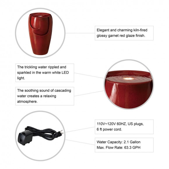 Glitzhome Glitzhome 21.25"H Red Ceramic Pot Fountain With Pump And LED Light