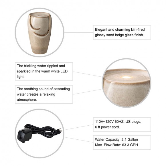 Glitzhome Glitzhome 21.25"H Sand Beige Ceramic Pot Fountain With Pump And LED Light