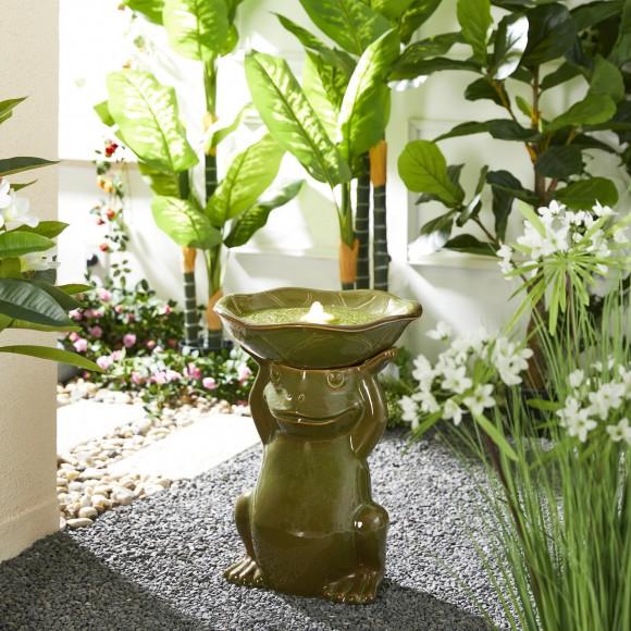Glitzhome Glitzhome 21.5"H Olive Green Frog Hold A Lotus Birdbath Ceramic Outdoor Floor Fountain With Pump And LED Light (KD)