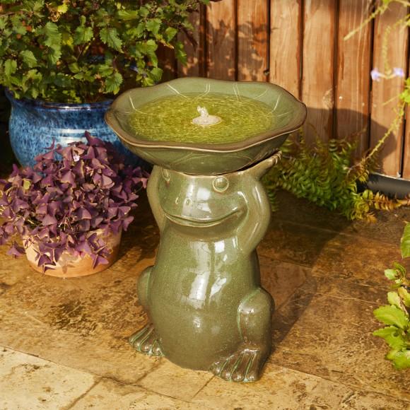 Glitzhome Glitzhome 21.5"H Olive Green Frog Hold A Lotus Birdbath Ceramic Outdoor Floor Fountain With Pump And LED Light (KD)