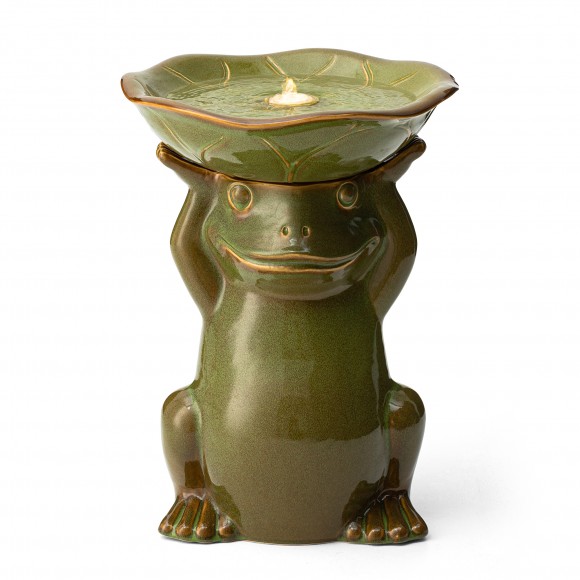 glitzhome Glitzhome 21.5"H Olive Green Frog Hold a Lotus Birdbath Ceramic Outdoor Floor Fountain with Pump and LED Light (KD)