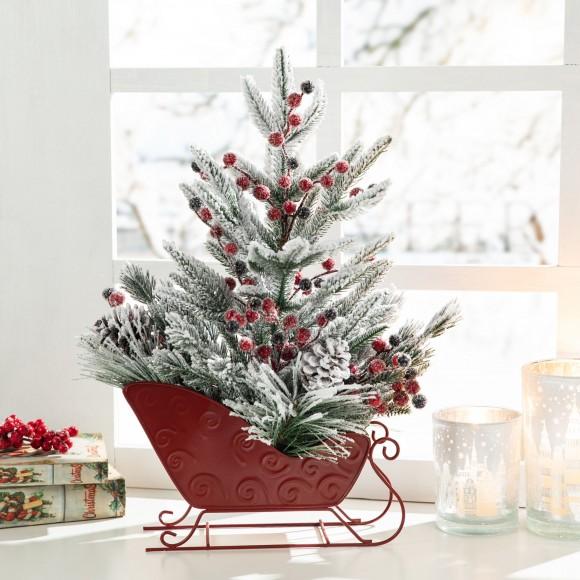 Glitzhome Glitzhome 21"H Christmas Red Sleigh Frosted Floral Centerpiece